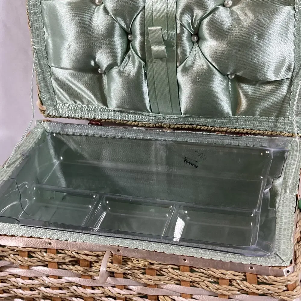 Vintage Woven Straw Wicker Sewing Basket Box Handle Satin Lining Rectangle